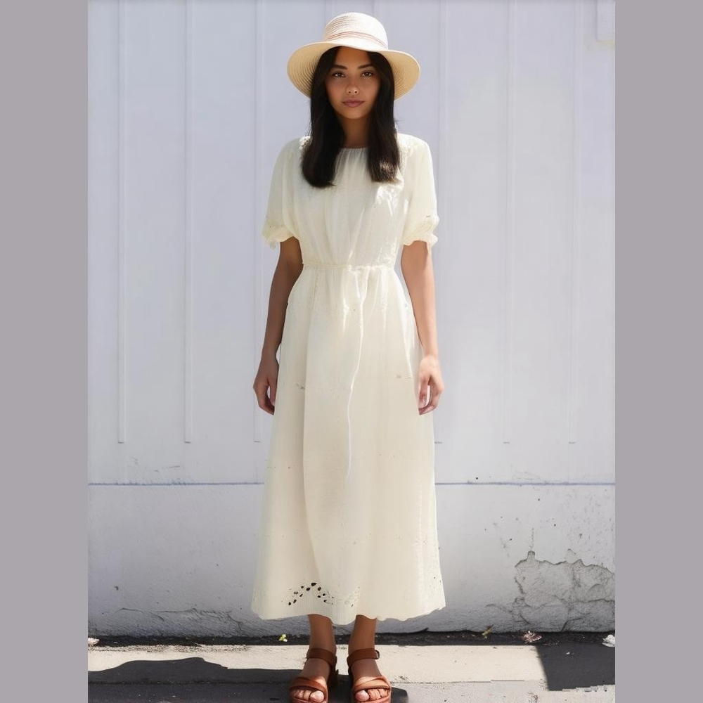 Eyelet Lace Puff Sleeve Midi Dress Cottagecore Korean Romantic White XS